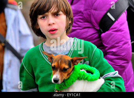 Young boy with his dog at St Patrick's Day parade in Londonderry (Derry), Northern Ireland Stock Photo