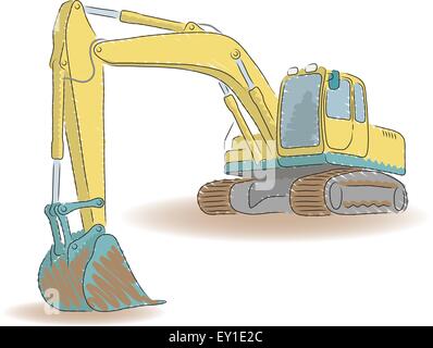 Excavator isolated on white background, colored sketch, vector illustration Stock Vector