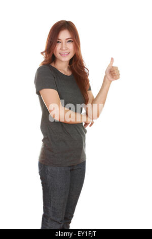 woman in blank black t-shirt with thumbs up isolated on white background Stock Photo