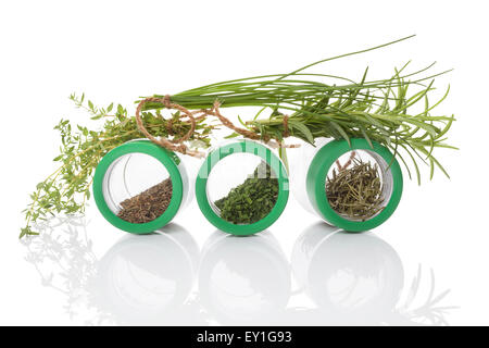 Fresh herbs and dried spices in glass jar. Chives, rosemary and thyme. Culinary herbs, modern minimal photoghraphy style. Stock Photo