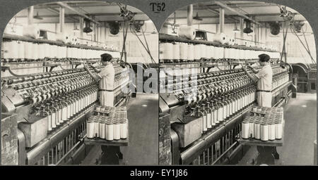 Spinning Silk, Showing Roving Frame, So. Manchester Conn., Stereo Card, circa 1914 Stock Photo