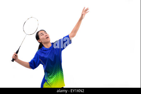 badminton player in action isolated on white background Stock Photo