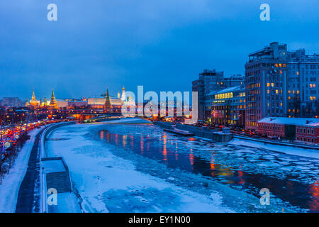 The Moscow river and the Kremlin at winter night. The Variety Theater (right). The blue hour. Stock Photo