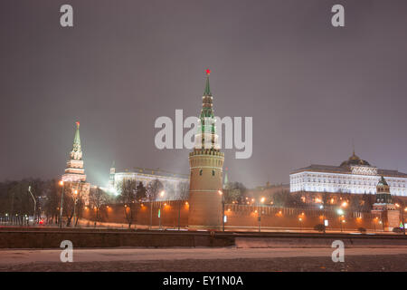 The Moscow river and the Kremlin at winter night. Stock Photo