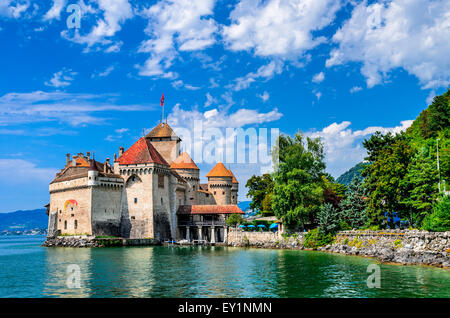 Switzerland. Chillon Castle one of the most visited castle in Swiss attracts at Geneva Lake. Stock Photo