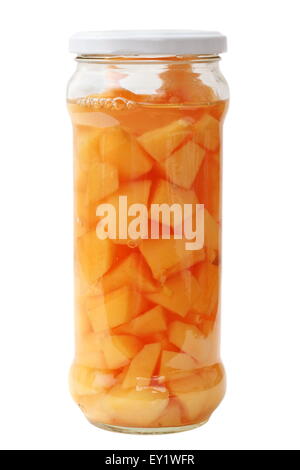 stewed fruits in a jar with cap isolated on white background - quince compote Stock Photo