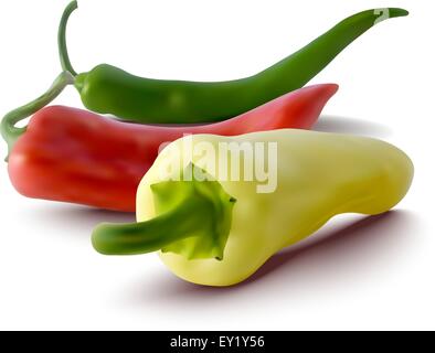 realistic illustration of red, green and yellow peppers - vector illustration Stock Vector