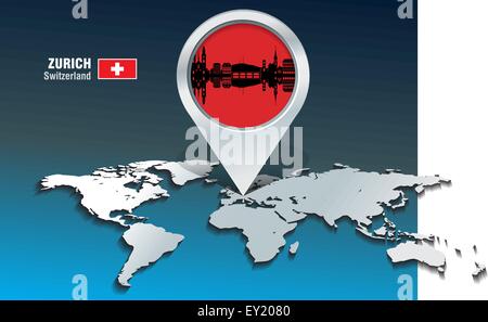 Map pin with Zurich skyline - vector illustration Stock Vector