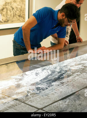 Museo Correr: Jacopo de'Barbari's map of Venice with wood carving   Venice on May 18, 2015. Woodcut aerial view Map of Venice made of six wooden blocks made in 1500.(CTK Photo/Krystof Kriz) Stock Photo