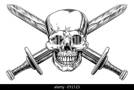 Human skull and two crossed swords pirate style sign in a vintage woodblock style Stock Photo