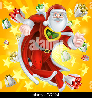 Caped cartoon Santa Claus Christmas superhero character with gifts and stars explosion in the background Stock Photo