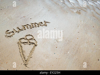 text an drawing on the beach in the sand Stock Photo