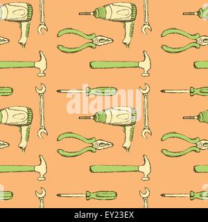 Sketch tools and drill in vintage style, vector seamless pattern Stock Vector