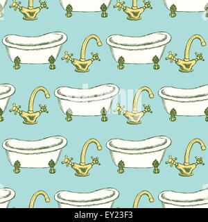 Sketch tap and bathtub in vintage style, vector seamless pattern Stock Vector