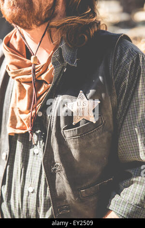 Cropped shot of cowboy sheriff on wild west film set, Fort Bravo, Tabernas, Almeria, Spain Stock Photo