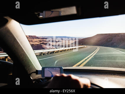 View from inside car driving in Monument Valley, Utah, USA Stock Photo