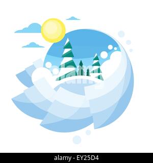 WInter Snow Green Tree Blue Sky Sun Landscape Stock Vector