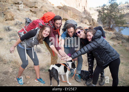 Hikers and dog, Smith Rock State Park, Oregon, US Stock Photo