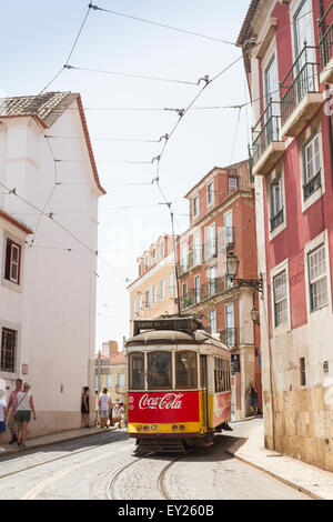 Tram in Largo das Portas do Sol, Lisbon, Portugal Stock Photo
