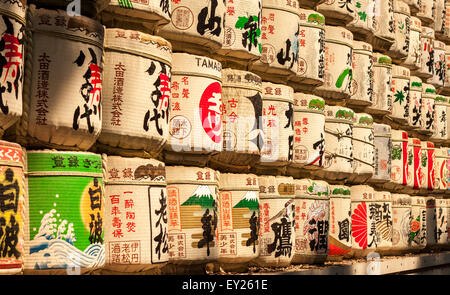 TOKYO, JAPAN - JUNE 25, 2015: traditional sake barrels wrapped in straw at Meiji Shrine in Tokyo, Japan on June 25th, 2015. Stock Photo