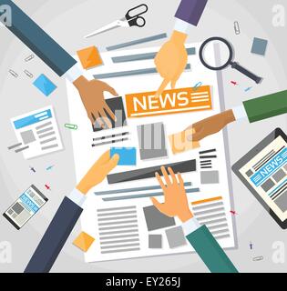 News Editor Desk Workspace, Making Newspaper Creating Arcticle Stock Vector