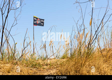 The black Jolly Roger pirate flag flutters in the wind over the hill Stock Photo
