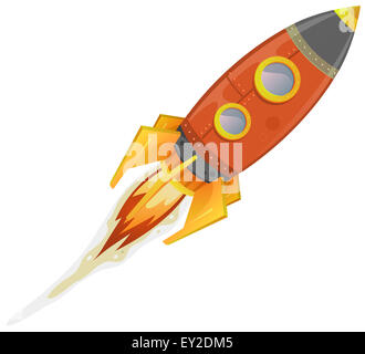 Illustration of a cartoon retro red iron spaceship blasting off and flying isolated on white Stock Photo