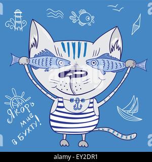 Vector funny baby doodle design character with fishes and sea symbols Stock Vector