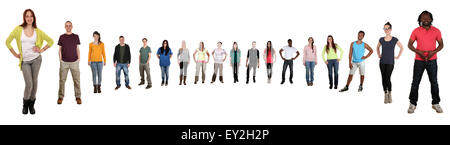 Smiling happy multicultural multi ethnic group of young people standing in semi circle isolated on a white background Stock Photo