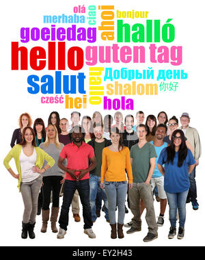Large multi ethnic group of smiling young people saying hello in different languages