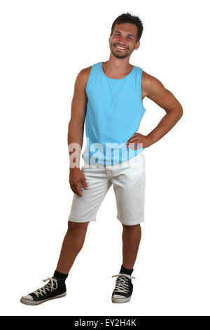 Whole body portrait of a young smiling man in muscle shirt isolated on a white background Stock Photo