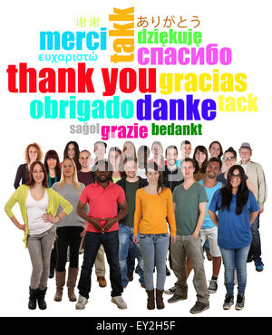 Large multi ethnic group of smiling young people saying thank you in different languages Stock Photo