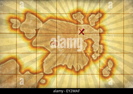 Aged treasure map, marked treasure location by red cross Stock Photo