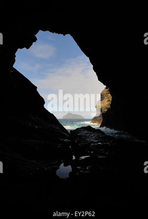 The island of Boreray  viewed through a sea cave on the northern end of Hirta. Hirta, St Kilda, Stock Photo