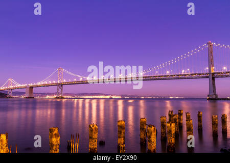 The Oakland Bay Bridge which connect San Francisco with Oakland at night from the Embarcadero, San Francisco,California Stock Photo