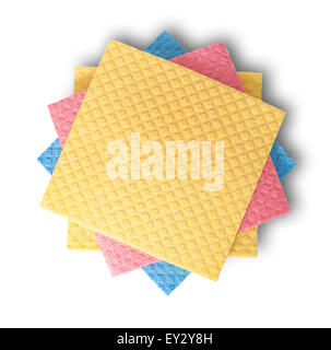 Multicolored sponges for dishwashing in chaotic order top view isolated on white background Stock Photo