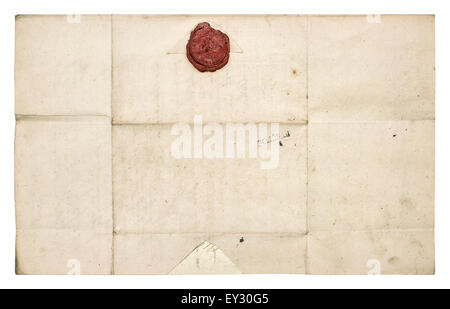 Antique paper sheet with red wax seal isolated on white background. Grunge texture Stock Photo