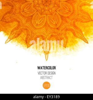 Orange watercolor brush wash with pattern - round doodle tribal elements. Stock Vector