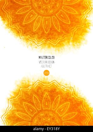Orange watercolor brush wash with pattern - round doodle tribal elements. Stock Vector