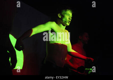 Dancer Artemy Lazarev, member of the Ukrainian dance boyband Kazaky, performs live in Hany Bany Club in Prague, Czech Republic, on May 16, 2015. Stock Photo