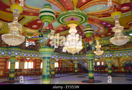 El Alto, Bolivia. 07th July, 2015. The ball room 'Principe Alexander' designed by architect Freddy Mamani is seen in El Alto, Bolivia, 07 July 2015. Mamani's buildings and interiors boast with bright colours and patterned motifs. He calls his style 'Andean Architecture'. Photo: Georg Ismar/dpa/Alamy Live News Stock Photo