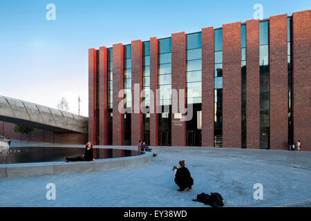Building with water features and public square. National Polish Radio Symphony Orchestra (NOSPR), Katowice, Poland. Architect: K Stock Photo