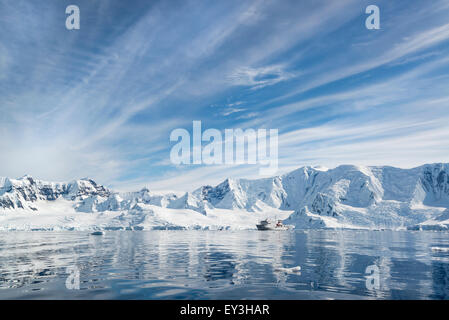 View of the Akademik Sergey Vavilov, a Russian polar research vessel, in the Antarctic. Stock Photo
