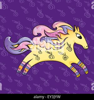 Vector cartoon-style doodle children picture with yellow character on purple background, cheerful and cute Stock Vector