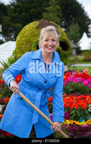 Tatton Park, Cheshire, UK 21st July, 2015 Carol Kirkwood, BBC weather presenter at the RHS Flower Show garden ‘The day of the Dahlias’ . Carol Kirkwood is a Scottish weather presenter, employed by the Met Office and best known for forecasting the weather for BBC Breakfast and Victoria Derbyshire (TV series). Stock Photo