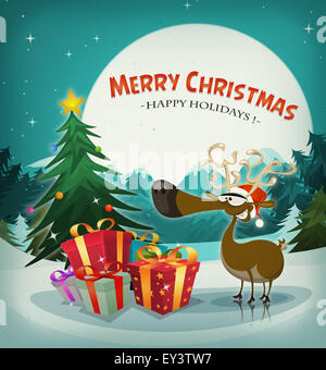 Illustration of a funny reindeer with santa claus hat next to christmas fir and gift pack, on winter's eve holidays background Stock Photo