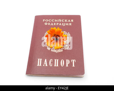 Russian passport and flowers on a white background Stock Photo