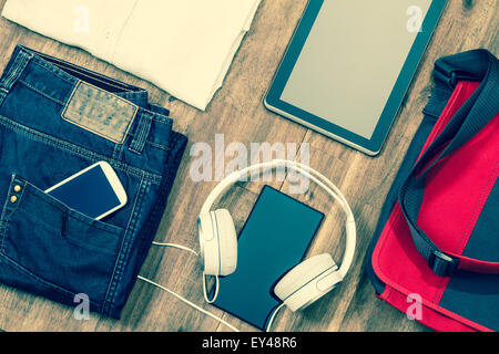 Informal male outfit with electronics, background Stock Photo