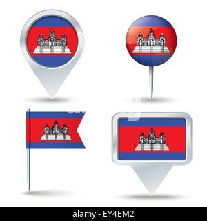 Map pins with flag of Cambodia - vector illustration Stock Vector