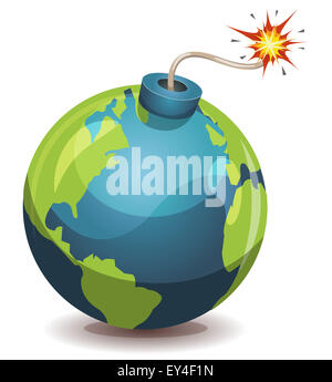 Illustration of a cartoon earth planet bomb icon about to explode with burning wick, isolated on white Stock Photo
